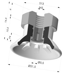 Ventosa plana, série 99, Ø 21,5 mm, com encaixe fêmea M5, filtro e bico.
