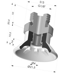 Ventosa plana, série 99, Ø 21,5 mm, com encaixe macho G1/8" e filtro.
