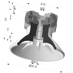 Ventosa plana série 99 Ø 31,5 mm com encaixe fêmea M5 e bloco de distribuição