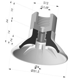 Ventosa plana, série 99, Ø 31,5 mm, com encaixe fêmea G1/8" e filtro.