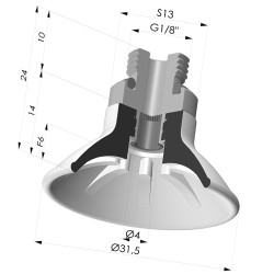 Ventosa plana, série 99, Ø 31,5 mm, com encaixe macho G1/8" e filtro.