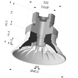 Ventosa plana, série 99, Ø 40,5 mm, com encaixe macho G3/8" e filtro.