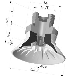 Ventosa plana, série 99, Ø 40,5 mm, com encaixe macho G3/8", filtro e bico.
